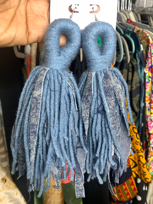 Denim and yarn tassel earrings