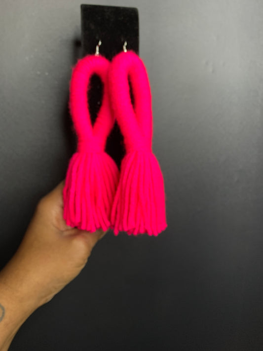 Hot pink tassel yarn earrings