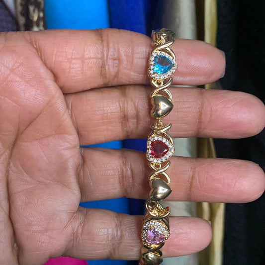 X and heart gold filled bracelet color gems