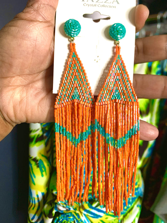 Orange and mint beaded earrings